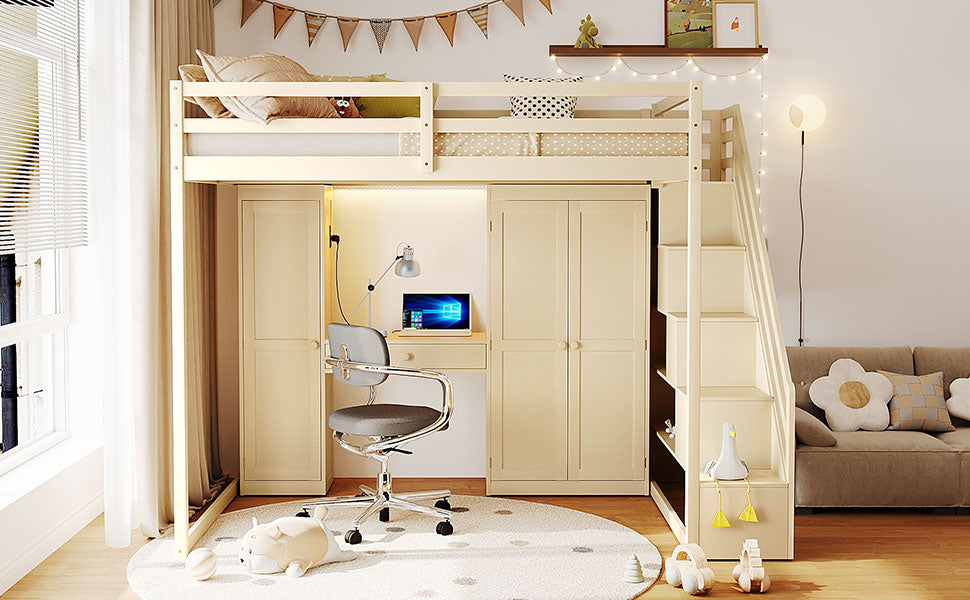 Full Size Loft Bed with Storage Staircase,Built-In Dressing Table with Mirror and Drawer, Wardrobe & Cabinets, USB Charging Ports and Lights, Beige