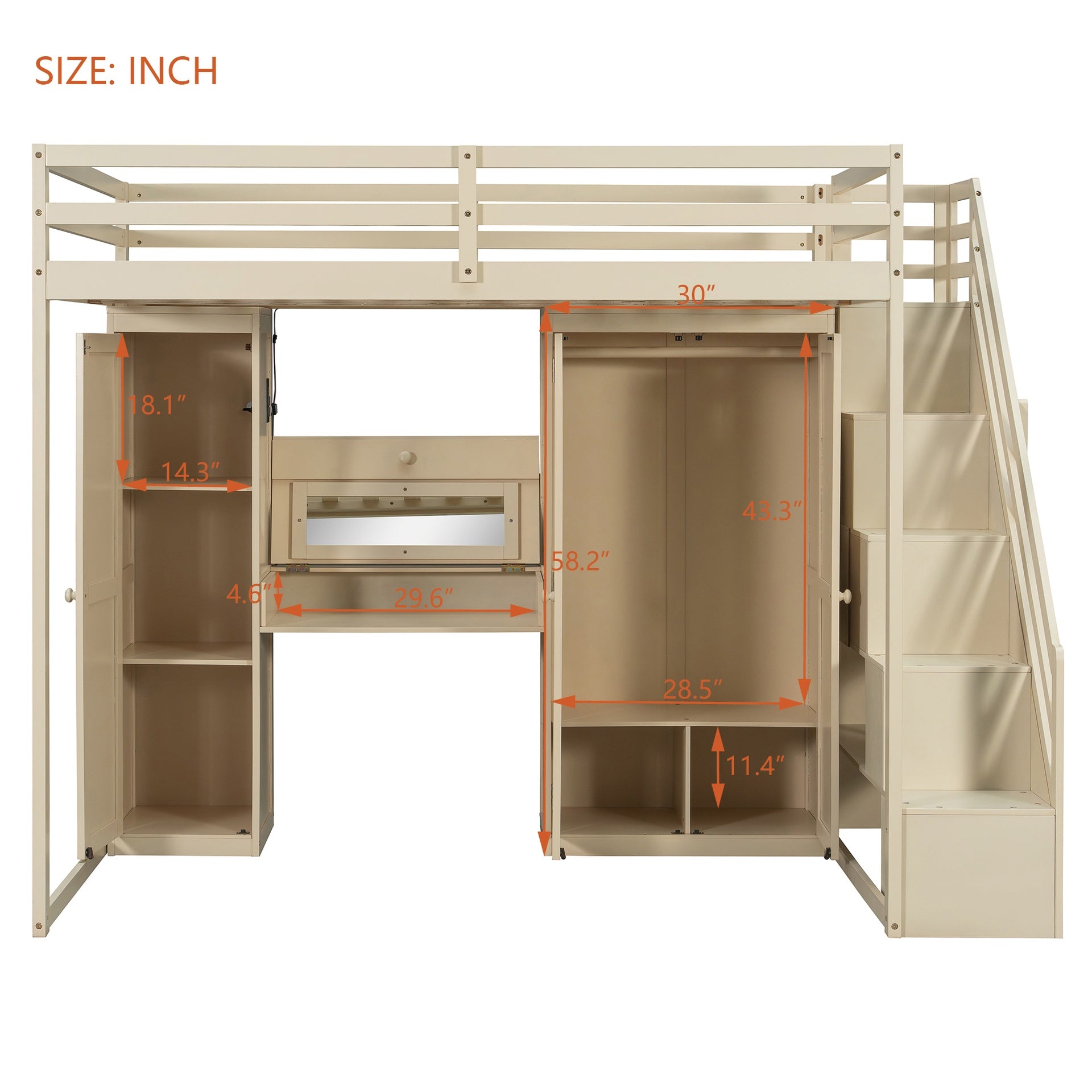 Full Size Loft Bed with Storage Staircase,Built-In Dressing Table with Mirror and Drawer, Wardrobe & Cabinets, USB Charging Ports and Lights, Beige