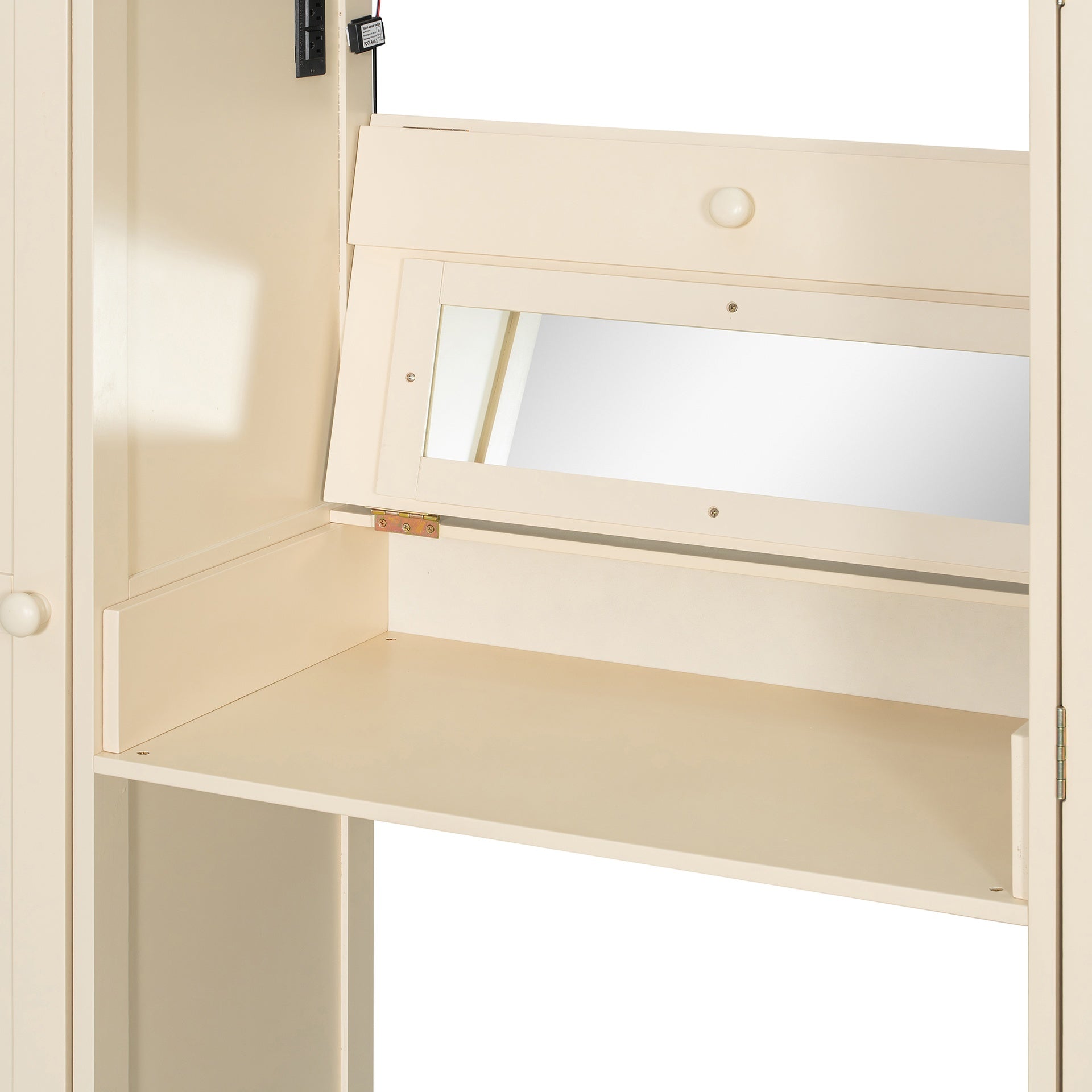 Full Size Loft Bed with Storage Staircase,Built-In Dressing Table with Mirror and Drawer, Wardrobe & Cabinets, USB Charging Ports and Lights, Beige