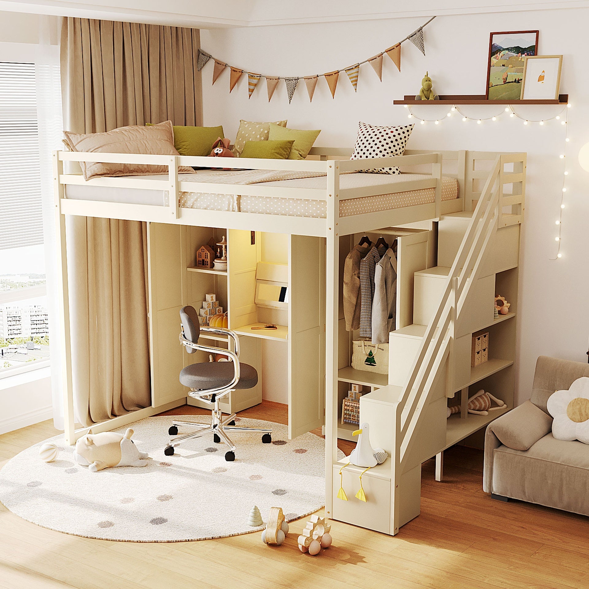 Full Size Loft Bed with Storage Staircase,Built-In Dressing Table with Mirror and Drawer, Wardrobe & Cabinets, USB Charging Ports and Lights, Beige