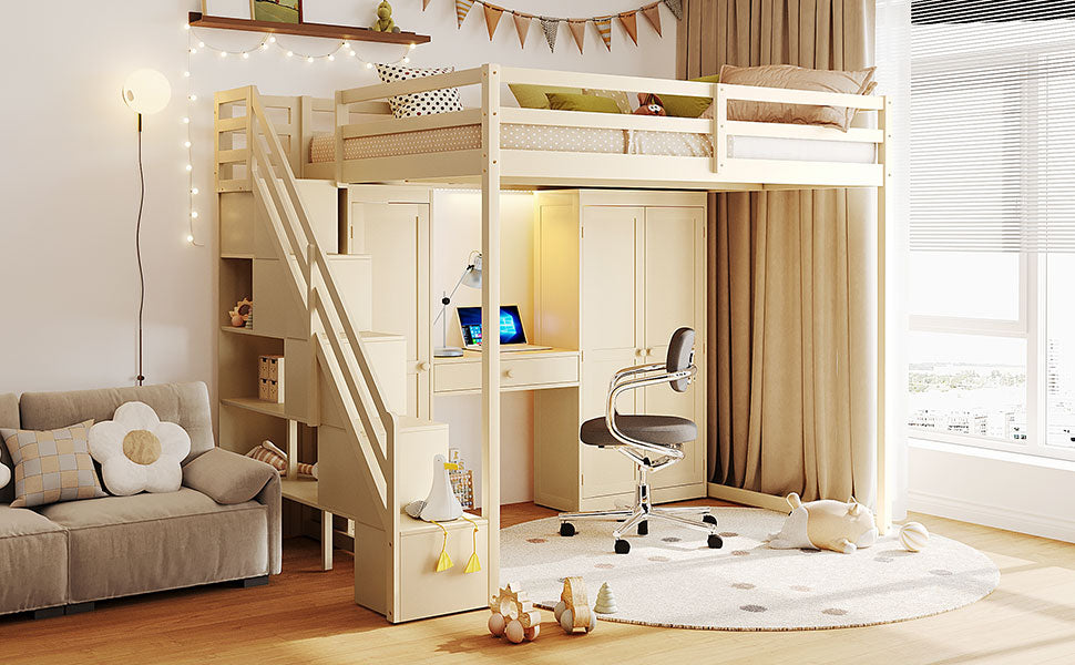 Full Size Loft Bed with Storage Staircase,Built-In Dressing Table with Mirror and Drawer, Wardrobe & Cabinets, USB Charging Ports and Lights, Beige