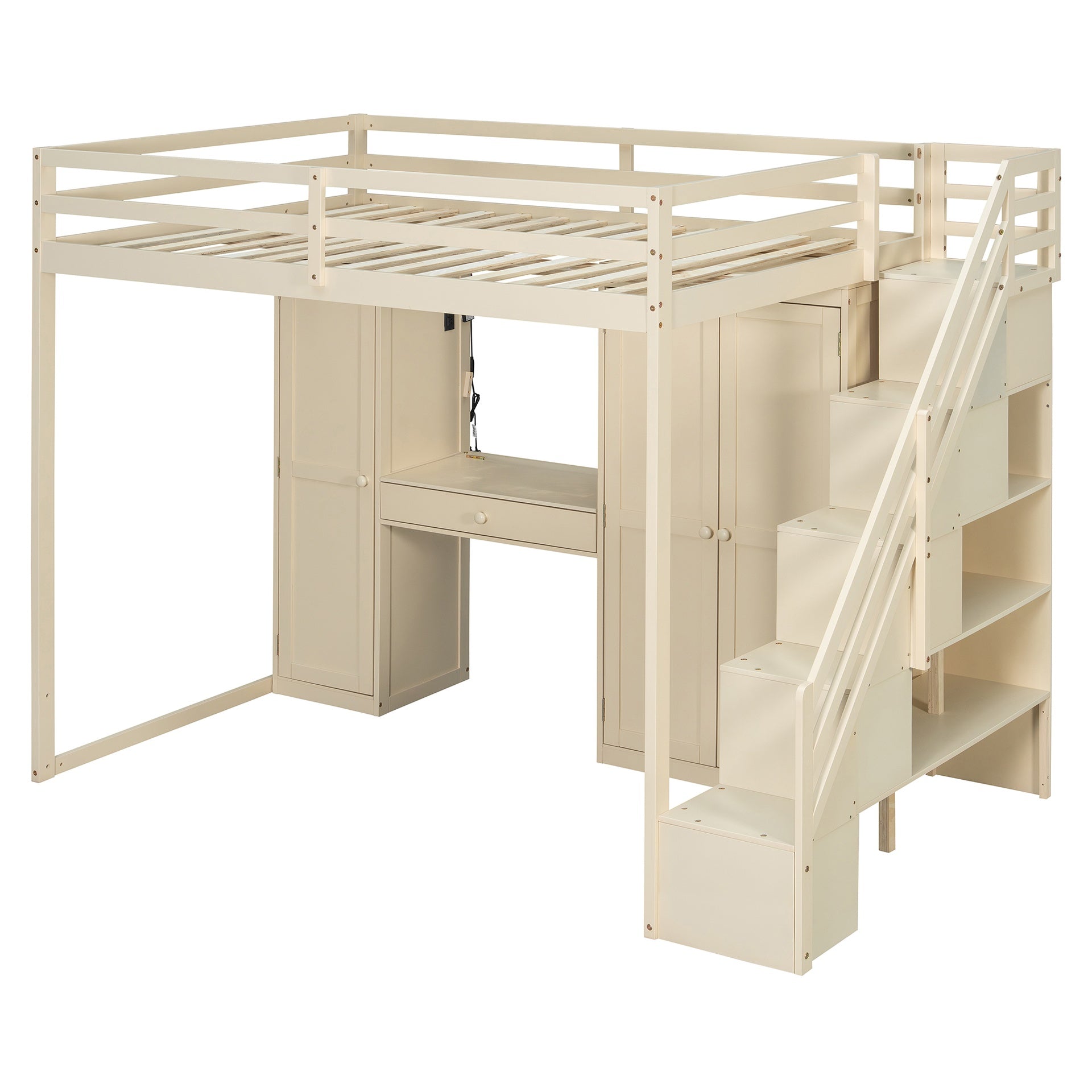 Full Size Loft Bed with Storage Staircase,Built-In Dressing Table with Mirror and Drawer, Wardrobe & Cabinets, USB Charging Ports and Lights, Beige