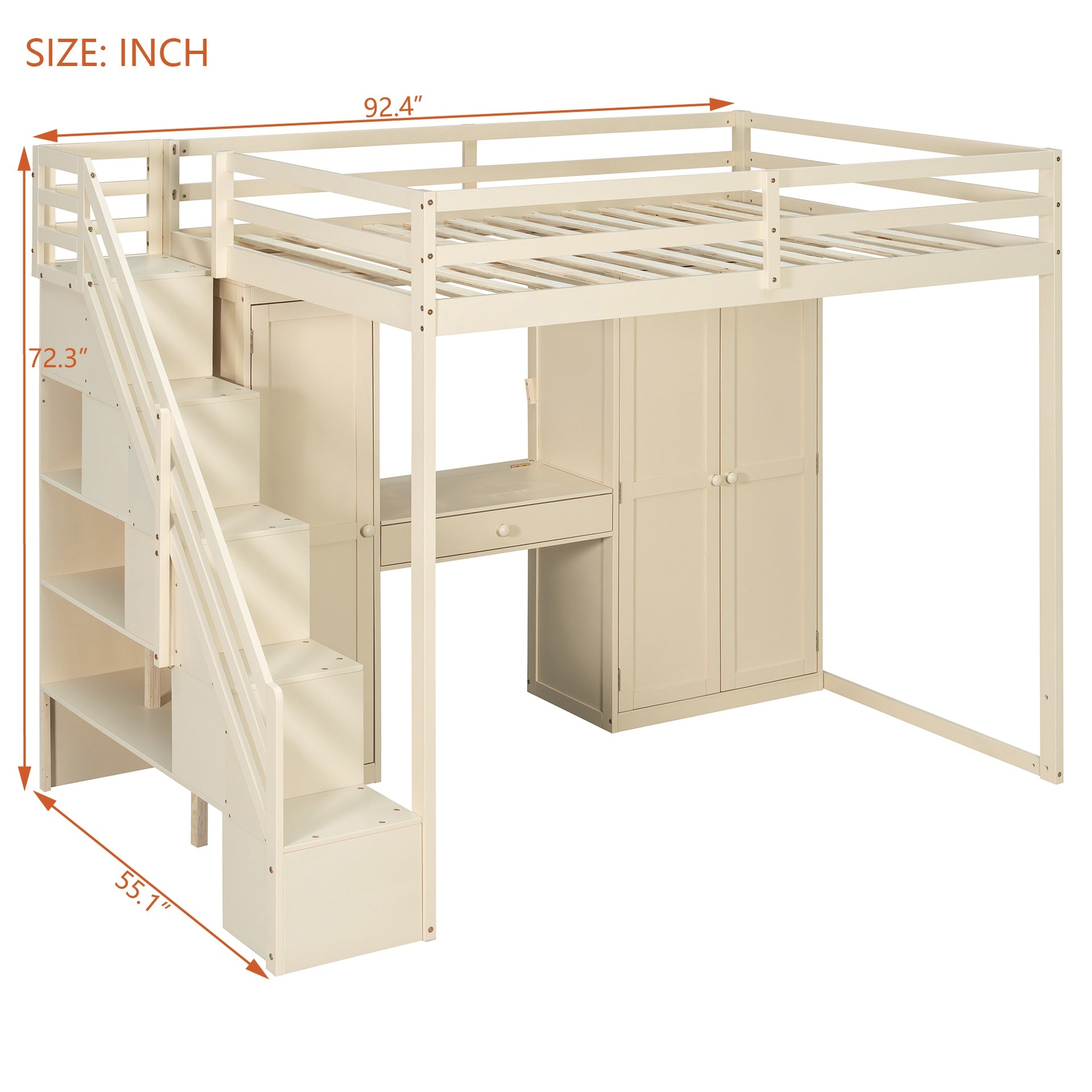 Full Size Loft Bed with Storage Staircase,Built-In Dressing Table with Mirror and Drawer, Wardrobe & Cabinets, USB Charging Ports and Lights, Beige