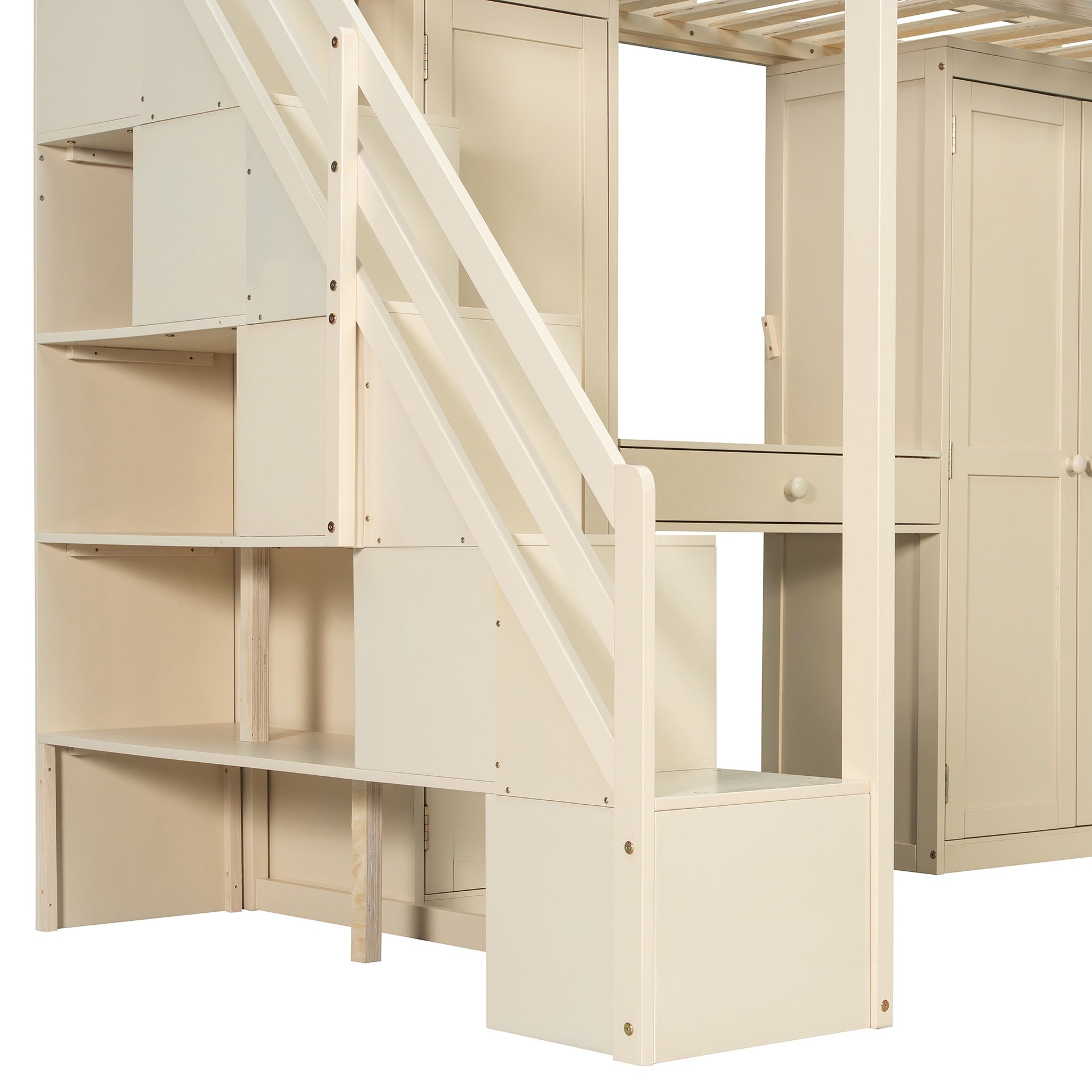 Full Size Loft Bed with Storage Staircase,Built-In Dressing Table with Mirror and Drawer, Wardrobe & Cabinets, USB Charging Ports and Lights, Beige