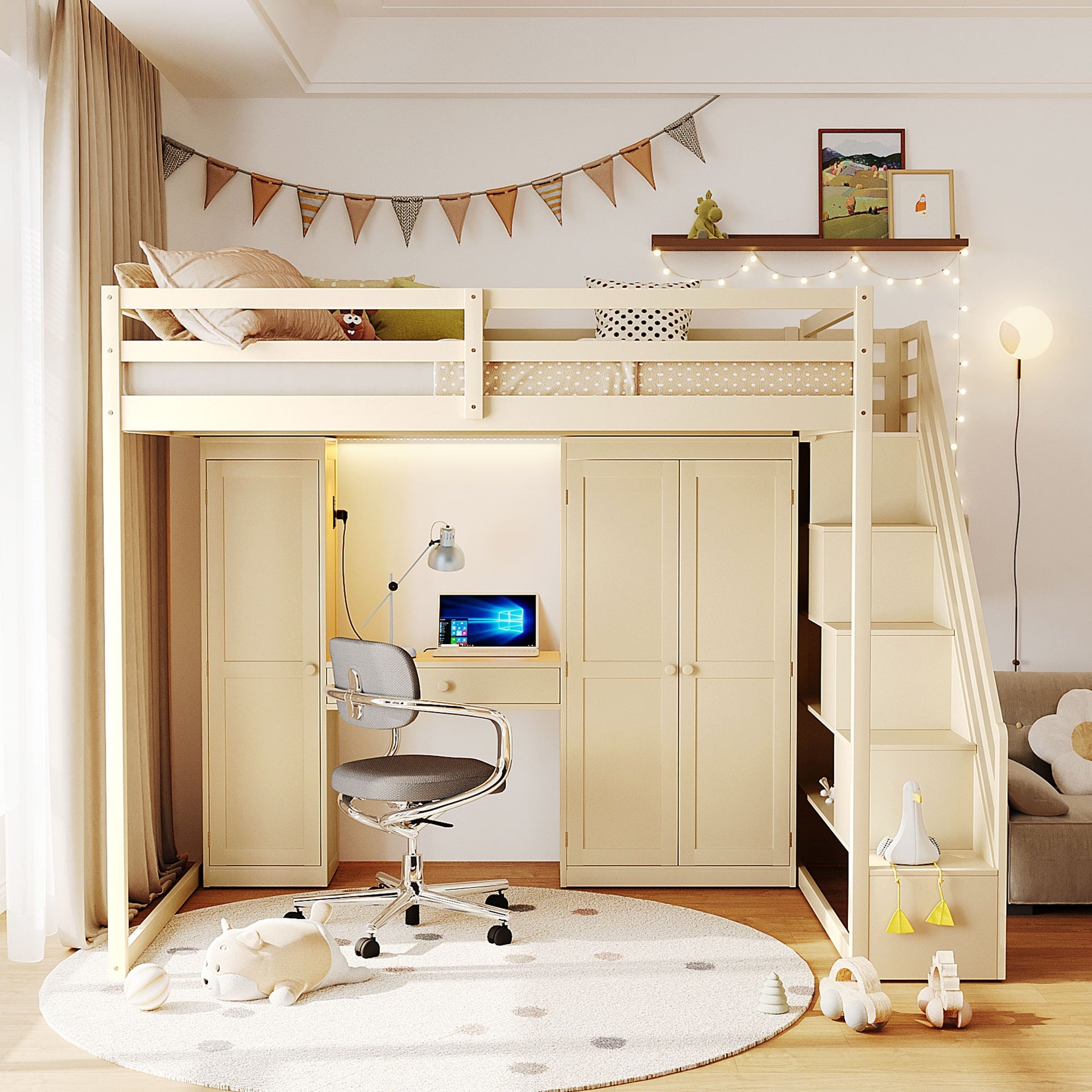 Full Size Loft Bed with Storage Staircase,Built-In Dressing Table with Mirror and Drawer, Wardrobe & Cabinets, USB Charging Ports and Lights, Beige