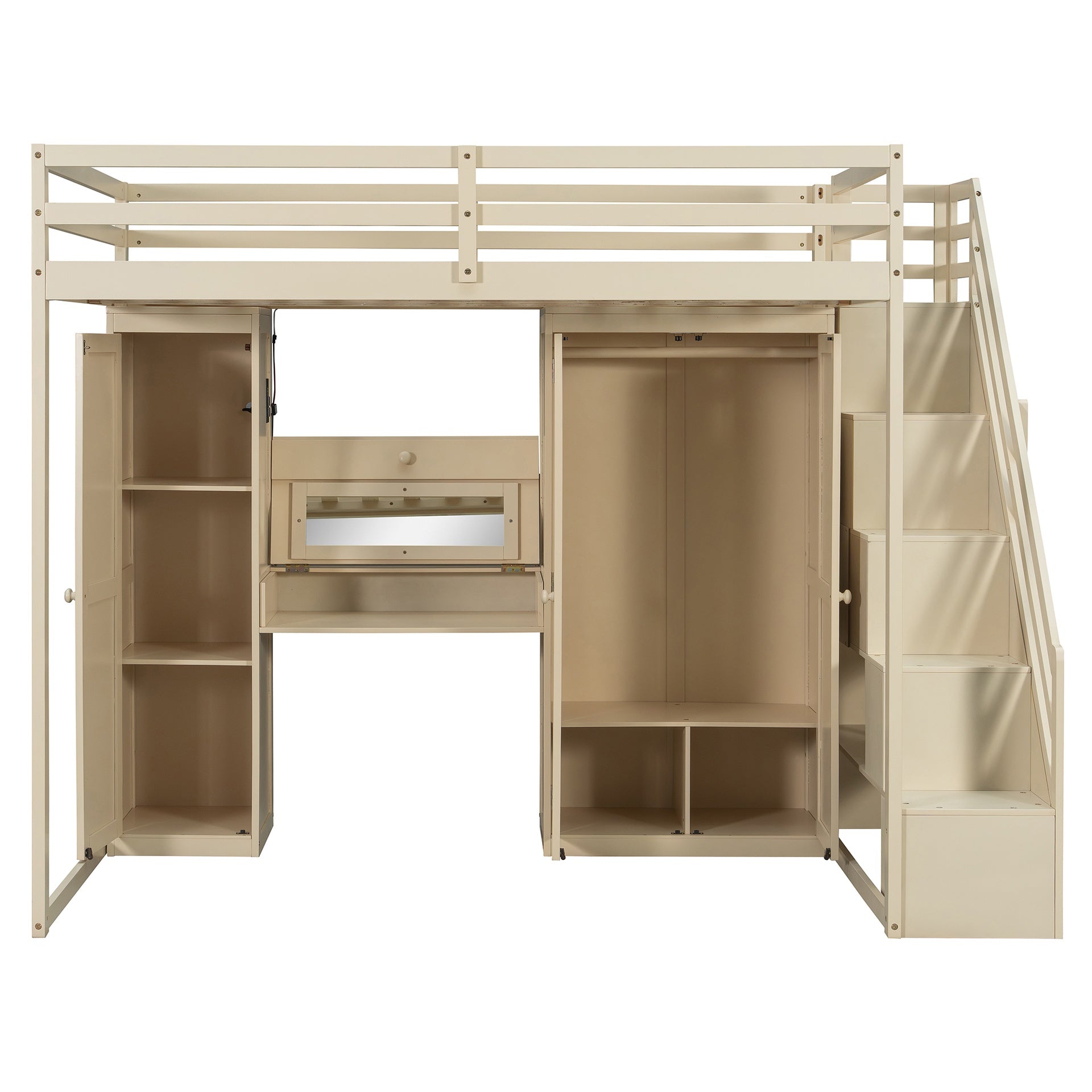Full Size Loft Bed with Storage Staircase,Built-In Dressing Table with Mirror and Drawer, Wardrobe & Cabinets, USB Charging Ports and Lights, Beige