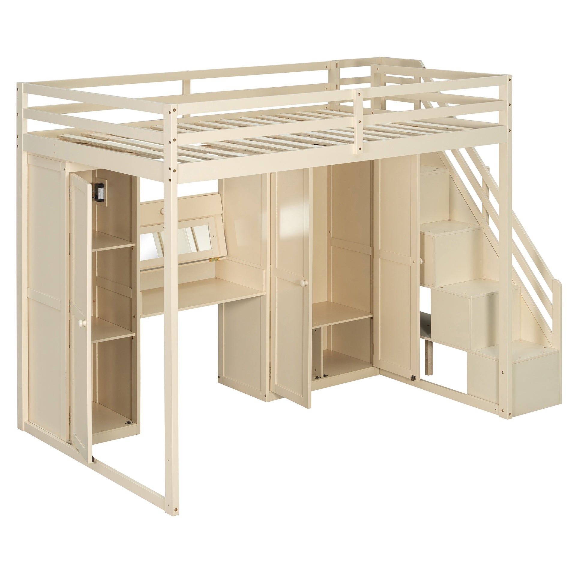 Full Size Loft Bed with Storage Staircase,Built-In Dressing Table with Mirror and Drawer, Wardrobe & Cabinets, USB Charging Ports and Lights, Beige