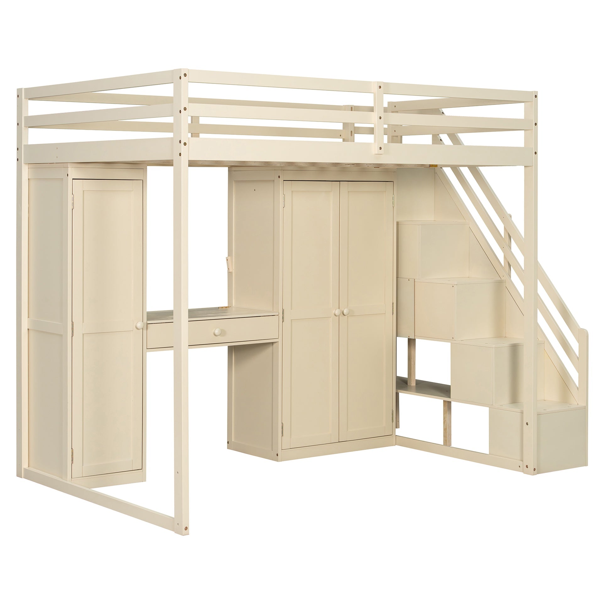 Full Size Loft Bed with Storage Staircase,Built-In Dressing Table with Mirror and Drawer, Wardrobe & Cabinets, USB Charging Ports and Lights, Beige