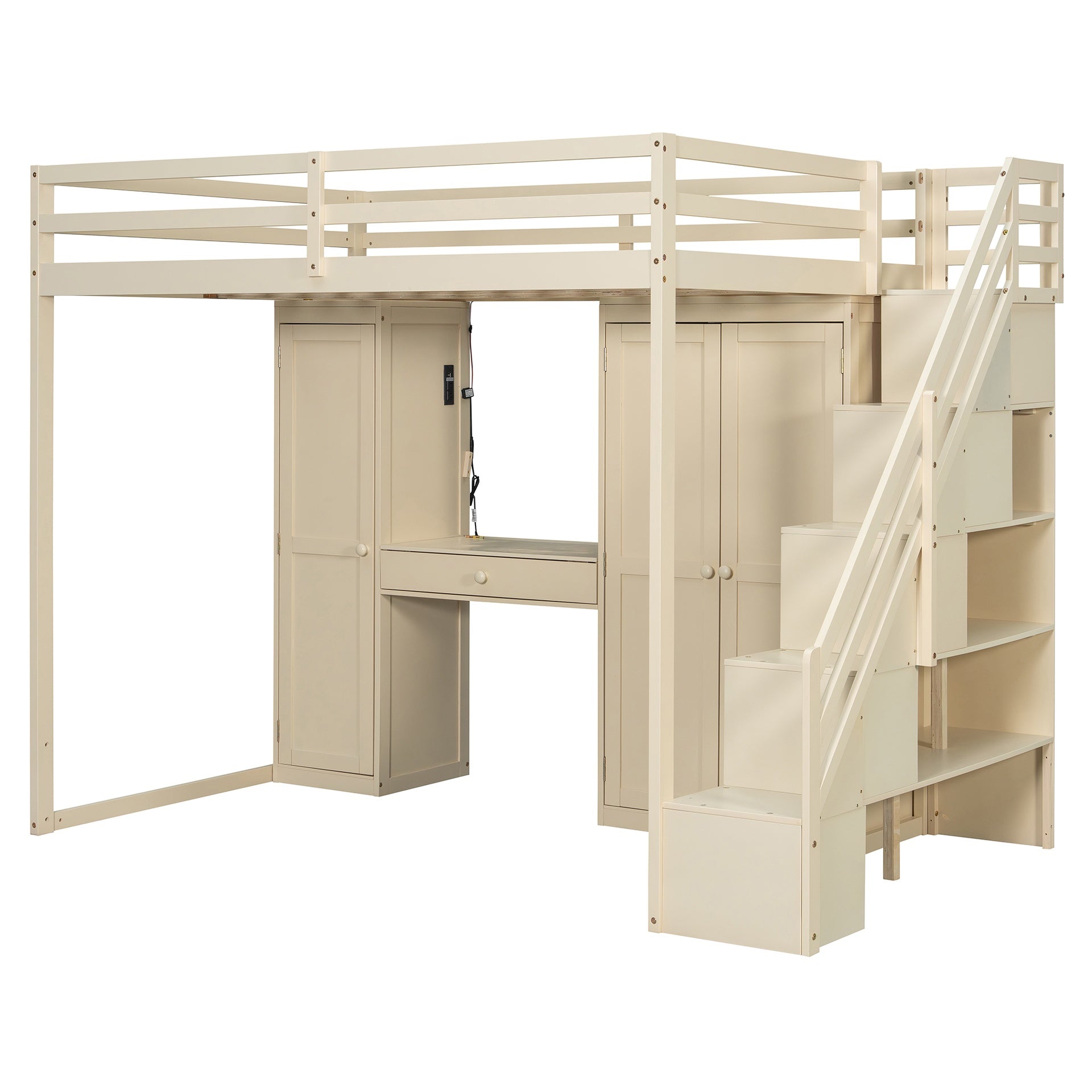 Full Size Loft Bed with Storage Staircase,Built-In Dressing Table with Mirror and Drawer, Wardrobe & Cabinets, USB Charging Ports and Lights, Beige