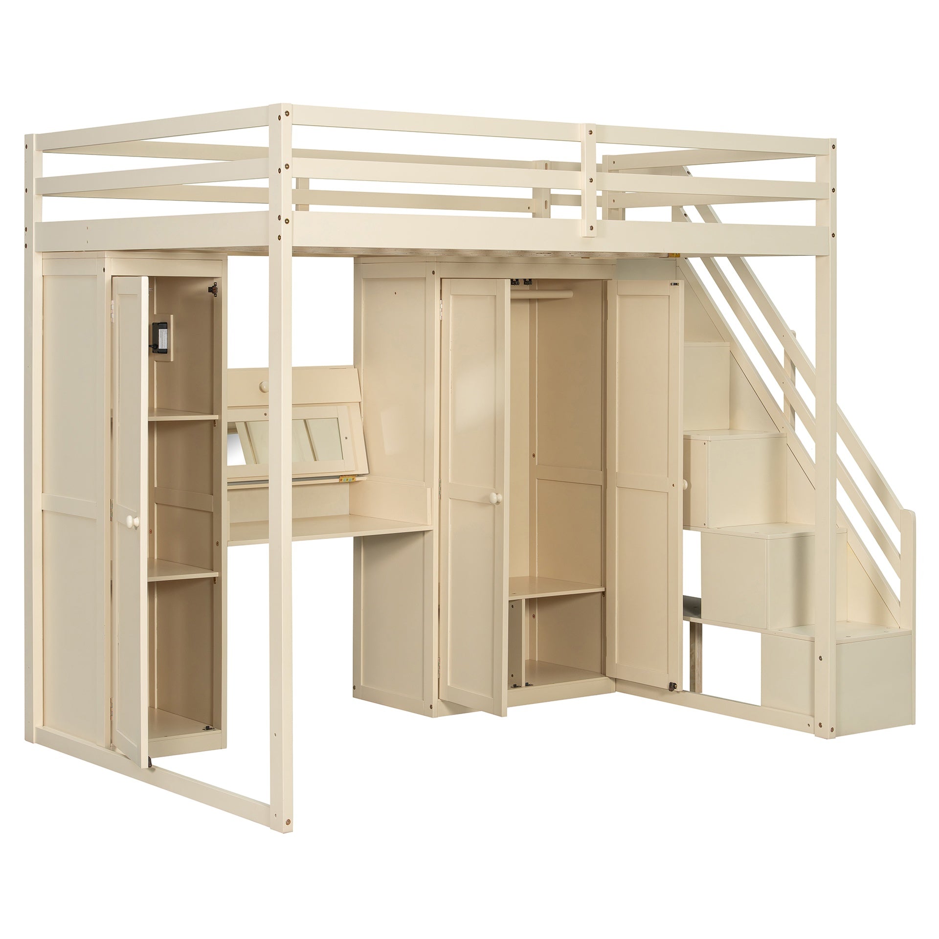 Full Size Loft Bed with Storage Staircase,Built-In Dressing Table with Mirror and Drawer, Wardrobe & Cabinets, USB Charging Ports and Lights, Beige