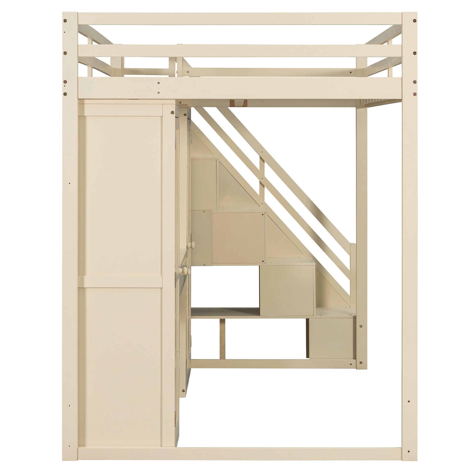 Full Size Loft Bed with Storage Staircase,Built-In Dressing Table with Mirror and Drawer, Wardrobe & Cabinets, USB Charging Ports and Lights, Beige