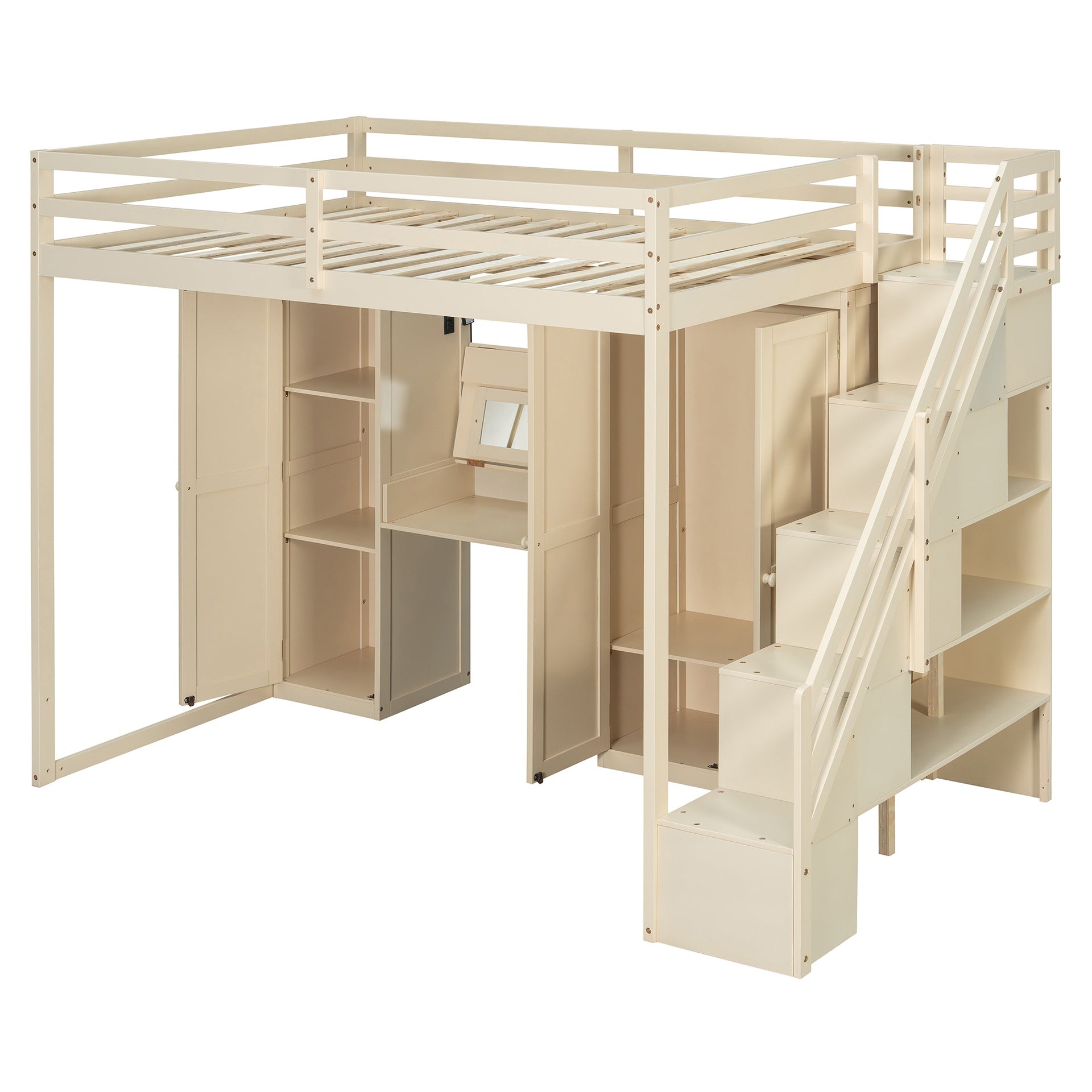 Full Size Loft Bed with Storage Staircase,Built-In Dressing Table with Mirror and Drawer, Wardrobe & Cabinets, USB Charging Ports and Lights, Beige