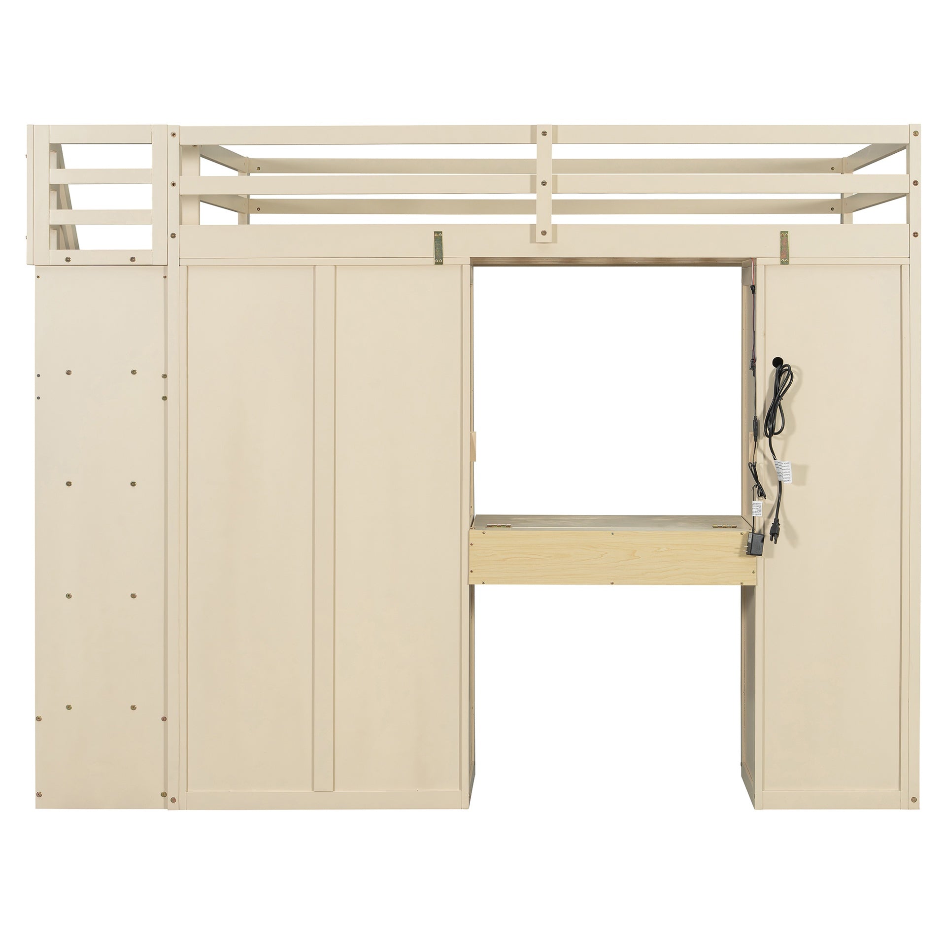 Full Size Loft Bed with Storage Staircase,Built-In Dressing Table with Mirror and Drawer, Wardrobe & Cabinets, USB Charging Ports and Lights, Beige