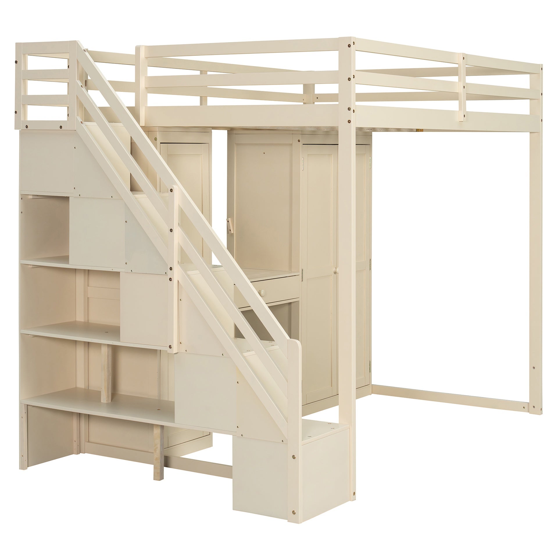 Full Size Loft Bed with Storage Staircase,Built-In Dressing Table with Mirror and Drawer, Wardrobe & Cabinets, USB Charging Ports and Lights, Beige