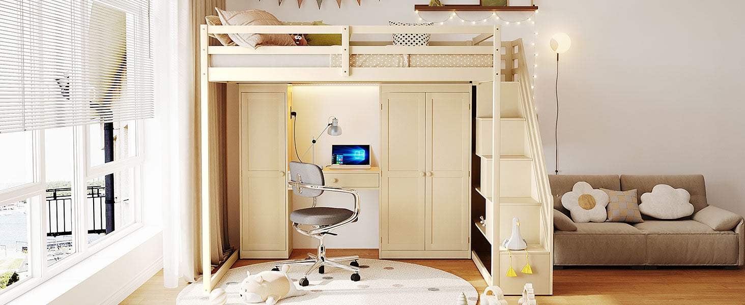 Full Size Loft Bed with Storage Staircase,Built-In Dressing Table with Mirror and Drawer, Wardrobe & Cabinets, USB Charging Ports and Lights, Beige