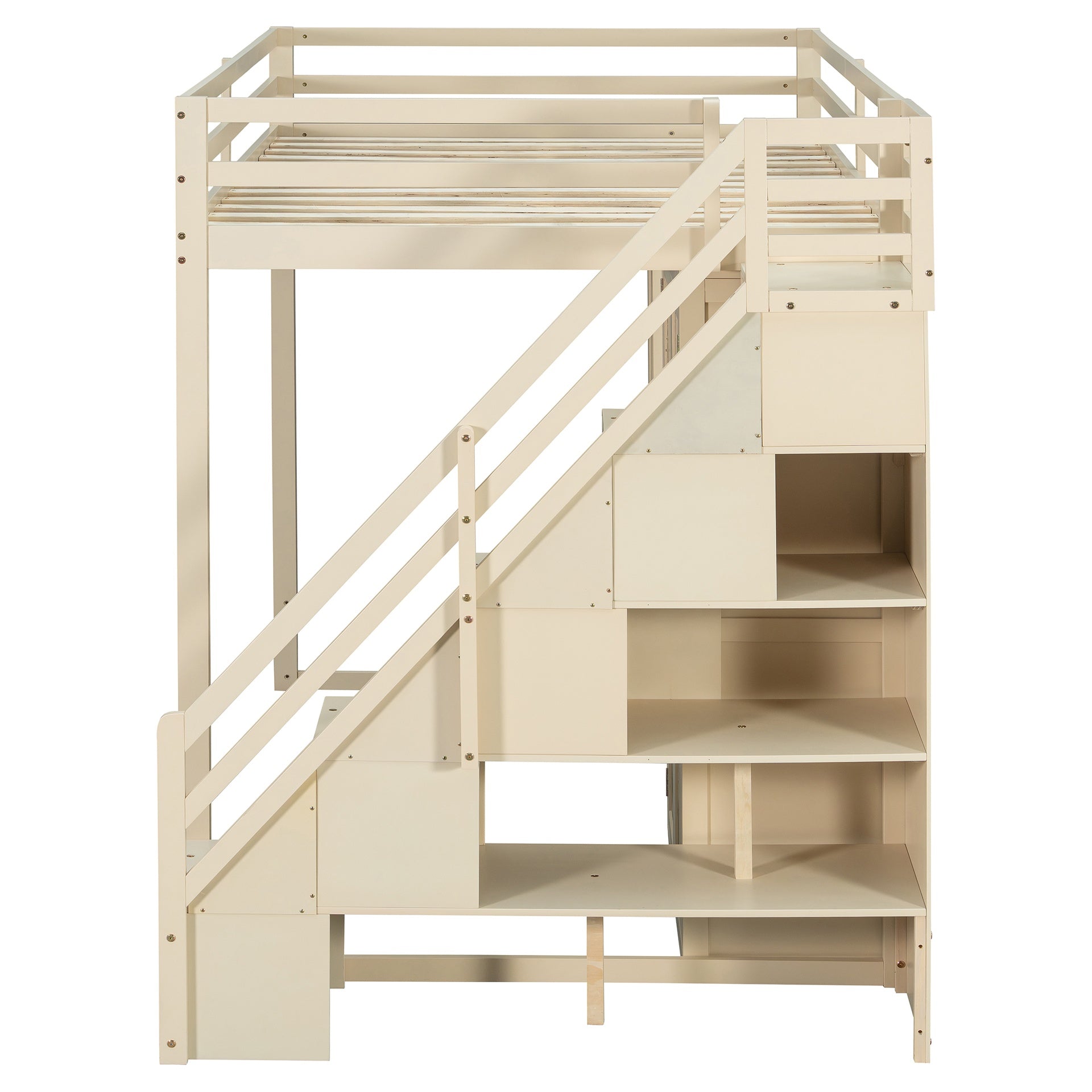 Full Size Loft Bed with Storage Staircase,Built-In Dressing Table with Mirror and Drawer, Wardrobe & Cabinets, USB Charging Ports and Lights, Beige