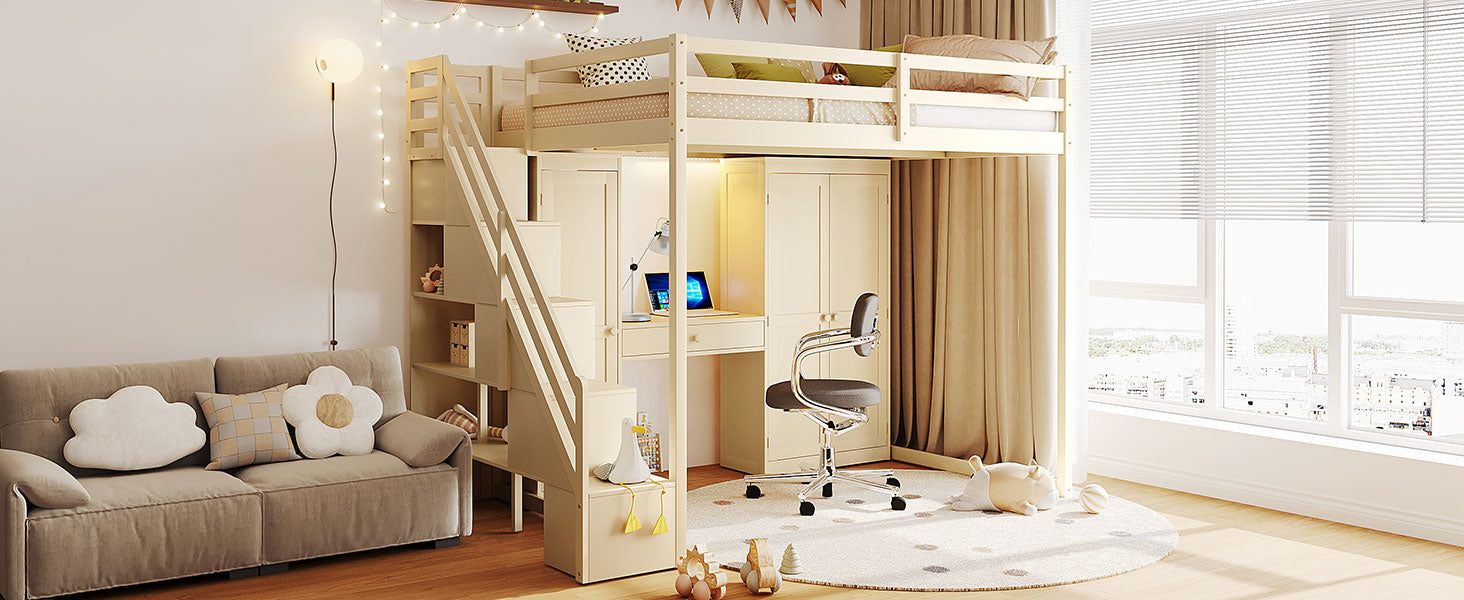 Full Size Loft Bed with Storage Staircase,Built-In Dressing Table with Mirror and Drawer, Wardrobe & Cabinets, USB Charging Ports and Lights, Beige