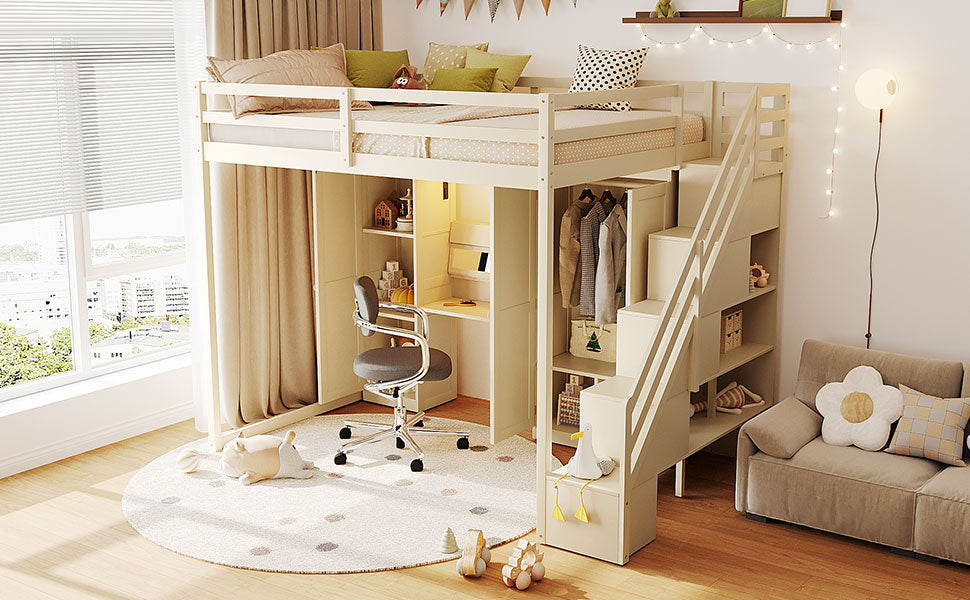 Full Size Loft Bed with Storage Staircase,Built-In Dressing Table with Mirror and Drawer, Wardrobe & Cabinets, USB Charging Ports and Lights, Beige