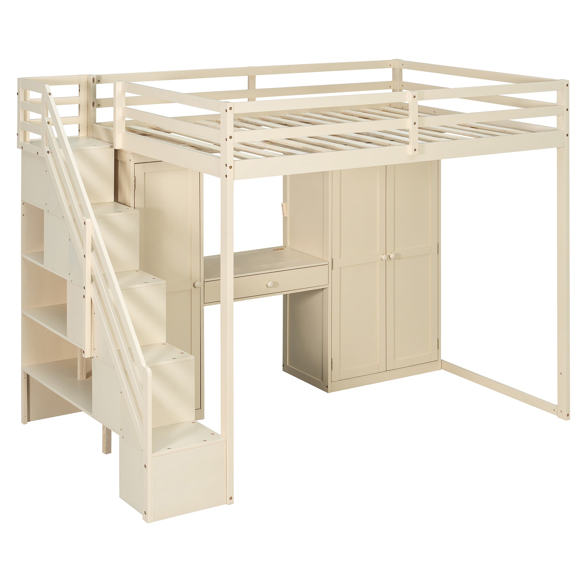 Full Size Loft Bed with Storage Staircase,Built-In Dressing Table with Mirror and Drawer, Wardrobe & Cabinets, USB Charging Ports and Lights, Beige