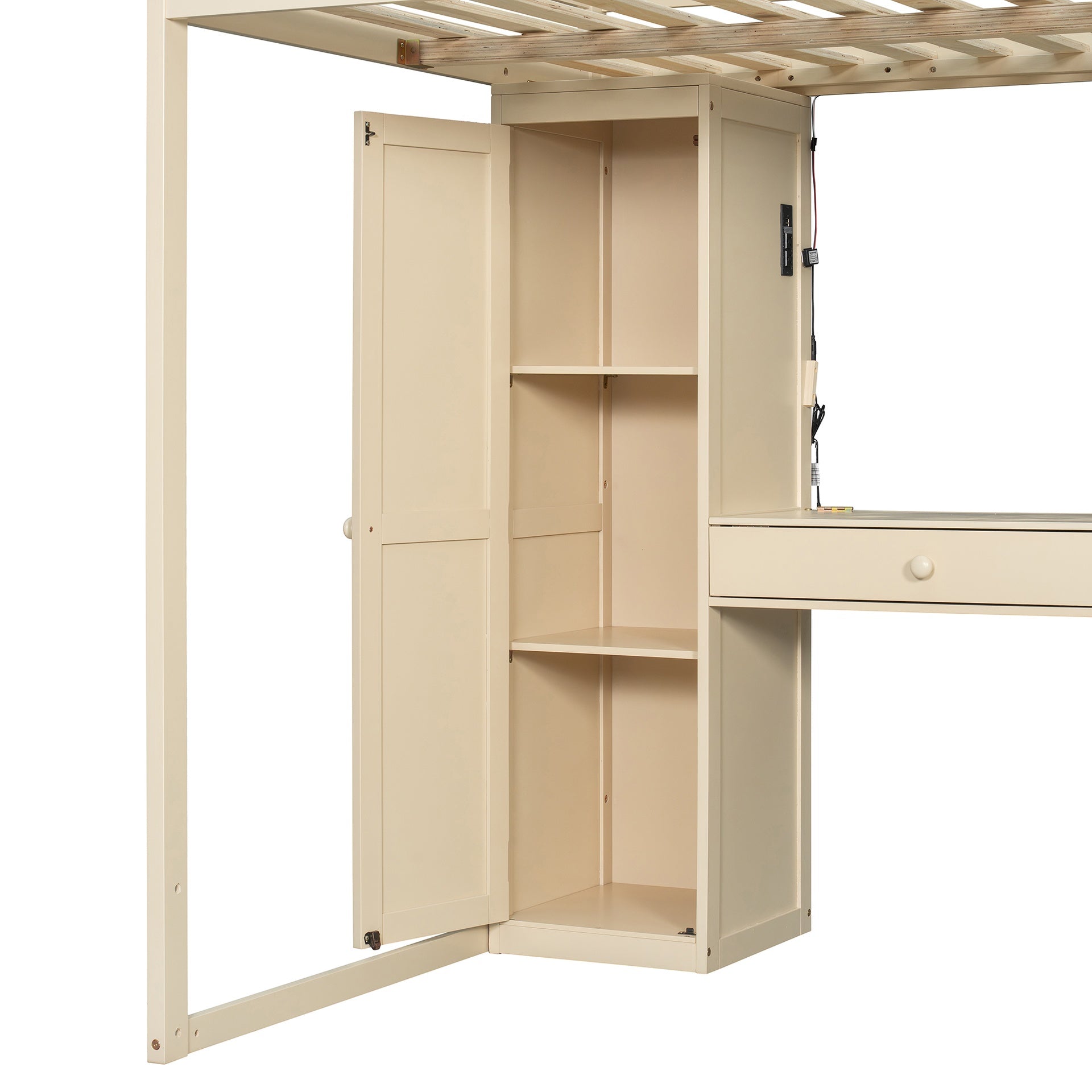 Full Size Loft Bed with Storage Staircase,Built-In Dressing Table with Mirror and Drawer, Wardrobe & Cabinets, USB Charging Ports and Lights, Beige