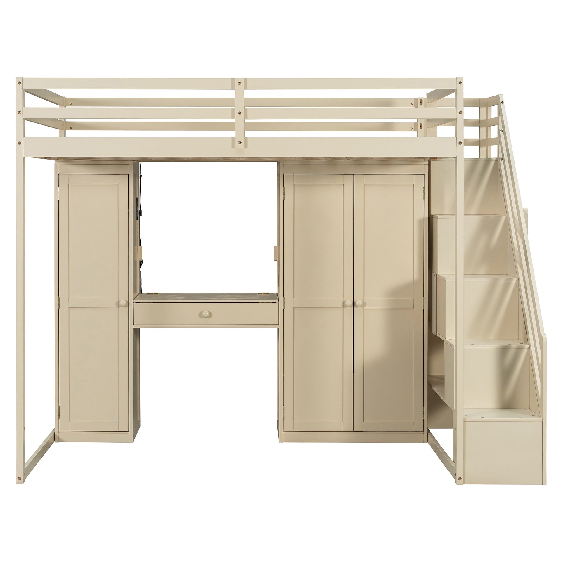 Full Size Loft Bed with Storage Staircase,Built-In Dressing Table with Mirror and Drawer, Wardrobe & Cabinets, USB Charging Ports and Lights, Beige