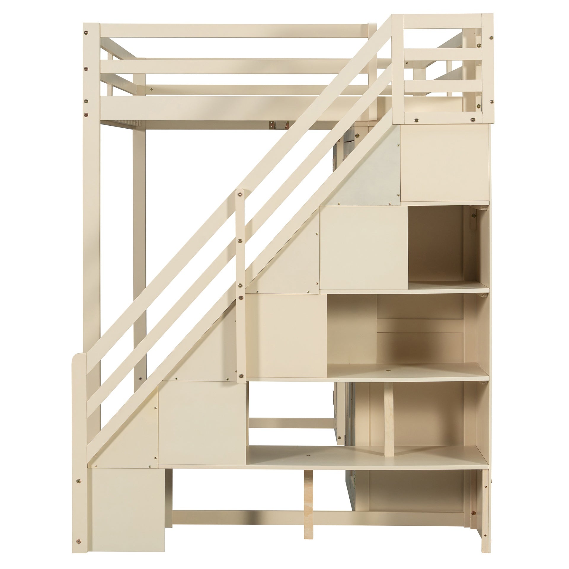 Full Size Loft Bed with Storage Staircase,Built-In Dressing Table with Mirror and Drawer, Wardrobe & Cabinets, USB Charging Ports and Lights, Beige