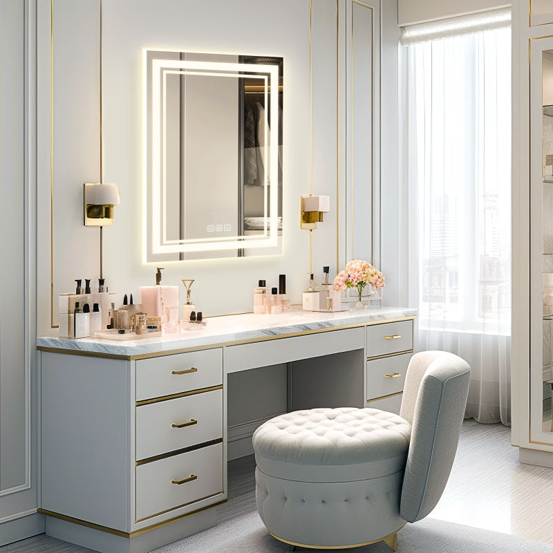 LED Bathroom Mirror 40" x 32" Front and Backlight, 5 Mins Defog, 5MM Full HD Reflected Wall Mounted Vanity Mirror, 3 Colors Stepless Dimmable, CRI90+, Memory Function (Plug-in/Hardwire)