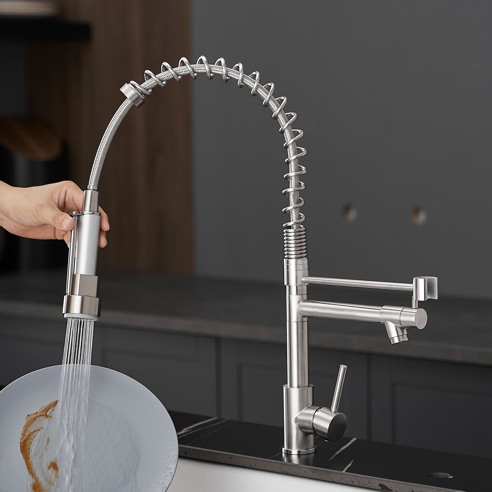 Commercial Kitchen Faucet with Pull Down Sprayer, Stainless Steel Single Handle Single Lever Kitchen Sink Faucet