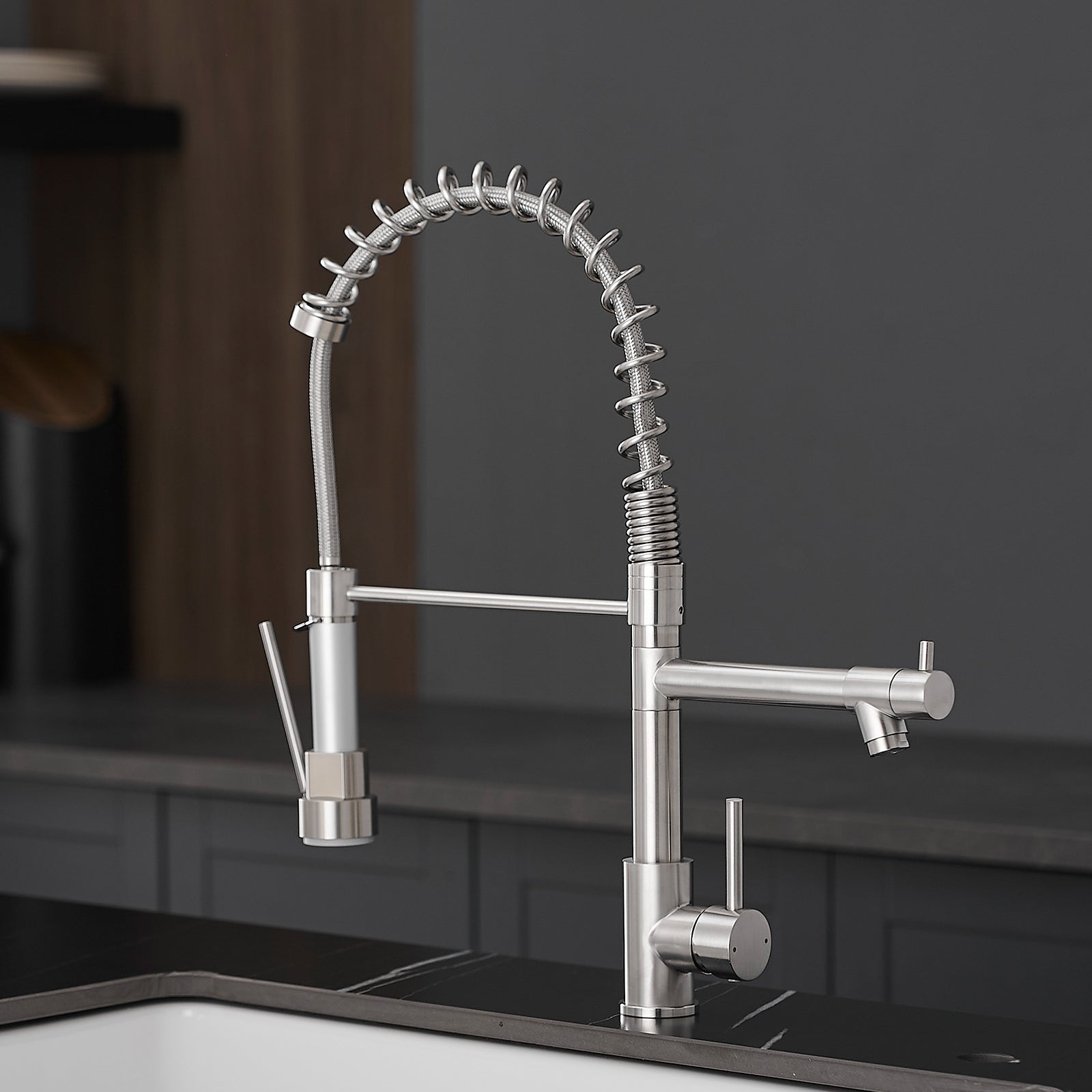 Commercial Kitchen Faucet with Pull Down Sprayer, Stainless Steel Single Handle Single Lever Kitchen Sink Faucet