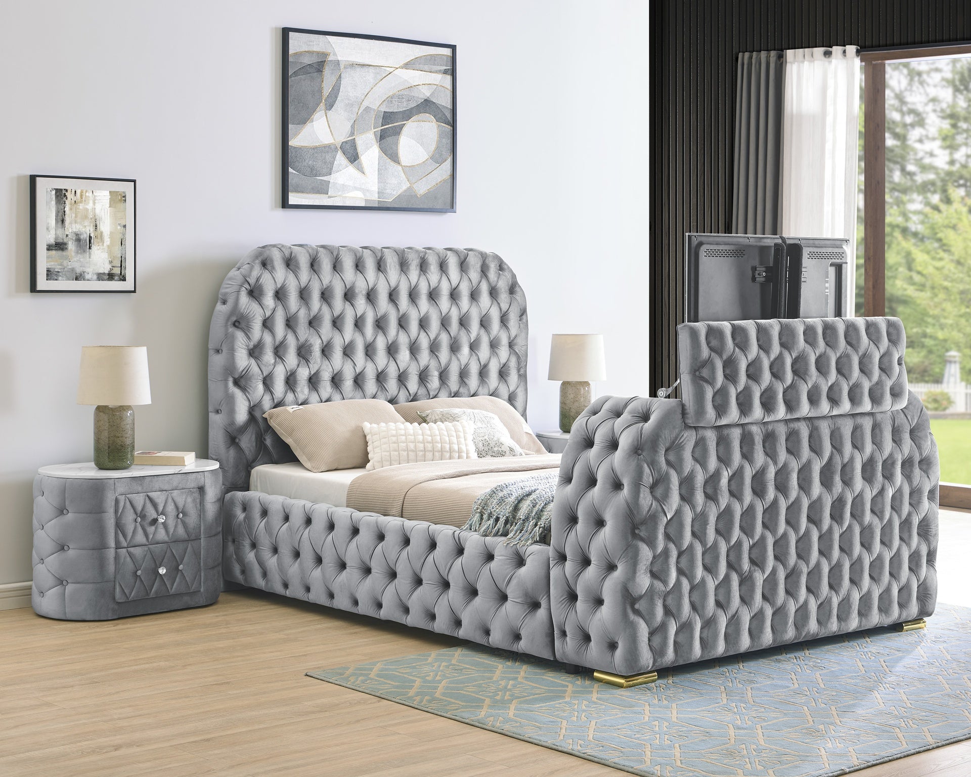 1pc Luxurious Comfort Innovative Design King Bed Deeply Tufted Headboard Upholstered Gray Velvet Television Lift Built-in Electric Fireplace Bedroom Furniture