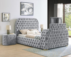 1pc Luxurious Comfort Innovative Design King Bed Deeply Tufted Headboard Upholstered Gray Velvet Television Lift Built-in Electric Fireplace Bedroom Furniture