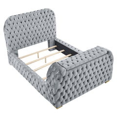 1pc Luxurious Comfort Innovative Design King Bed Deeply Tufted Headboard Upholstered Gray Velvet Television Lift Built-in Electric Fireplace Bedroom Furniture