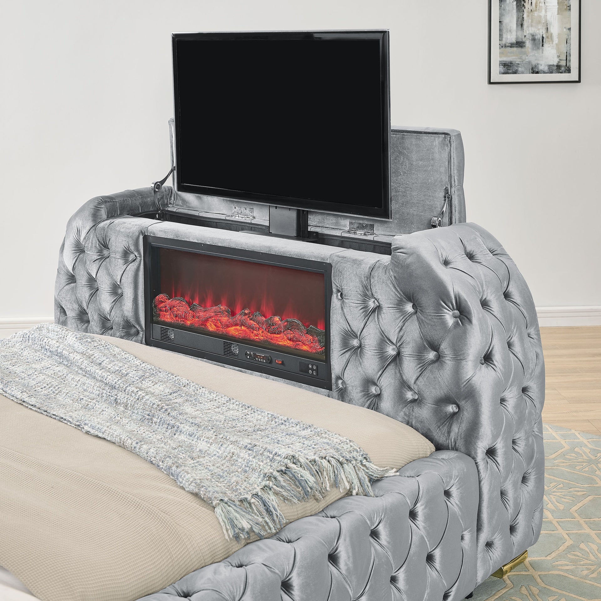 1pc Luxurious Comfort Innovative Design King Bed Deeply Tufted Headboard Upholstered Gray Velvet Television Lift Built-in Electric Fireplace Bedroom Furniture