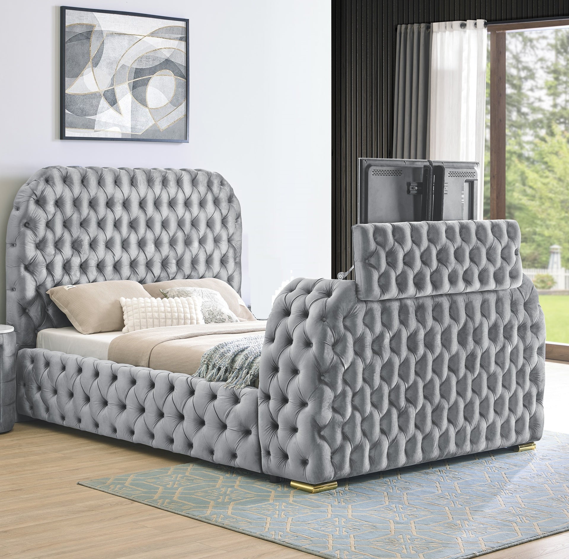 1pc Luxurious Comfort Innovative Design King Bed Deeply Tufted Headboard Upholstered Gray Velvet Television Lift Built-in Electric Fireplace Bedroom Furniture