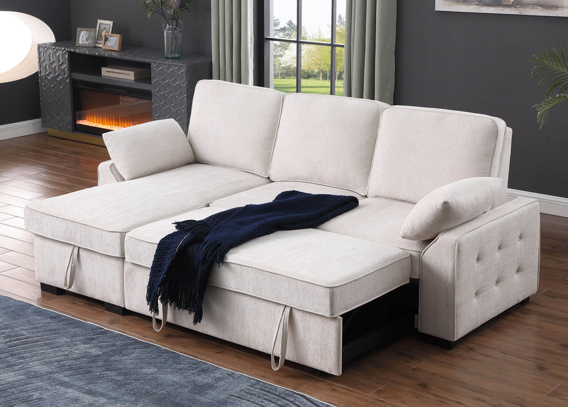 Marcello 91"W Beige Chenille Fabric Reversible Sleeper Sectional with Storage Chaise, Drop-Down Table, Cup Holders and Charging Ports
