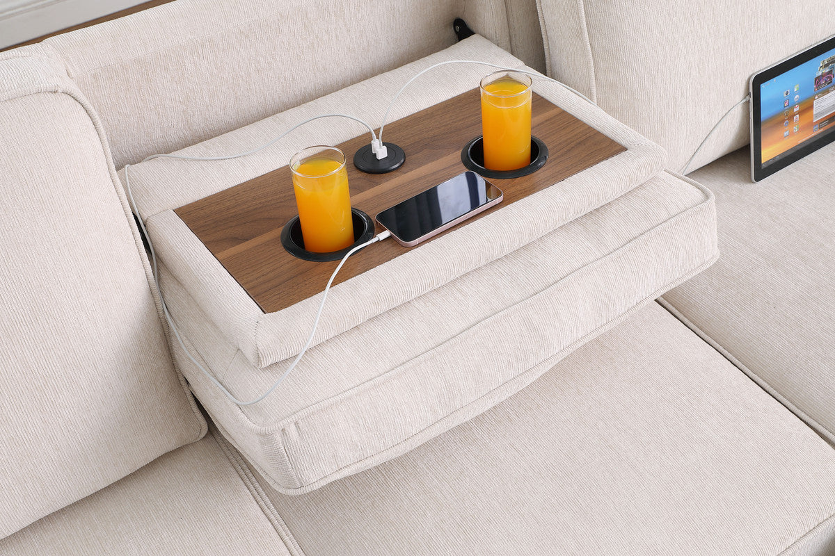 Marcello 91"W Beige Chenille Fabric Reversible Sleeper Sectional with Storage Chaise, Drop-Down Table, Cup Holders and Charging Ports