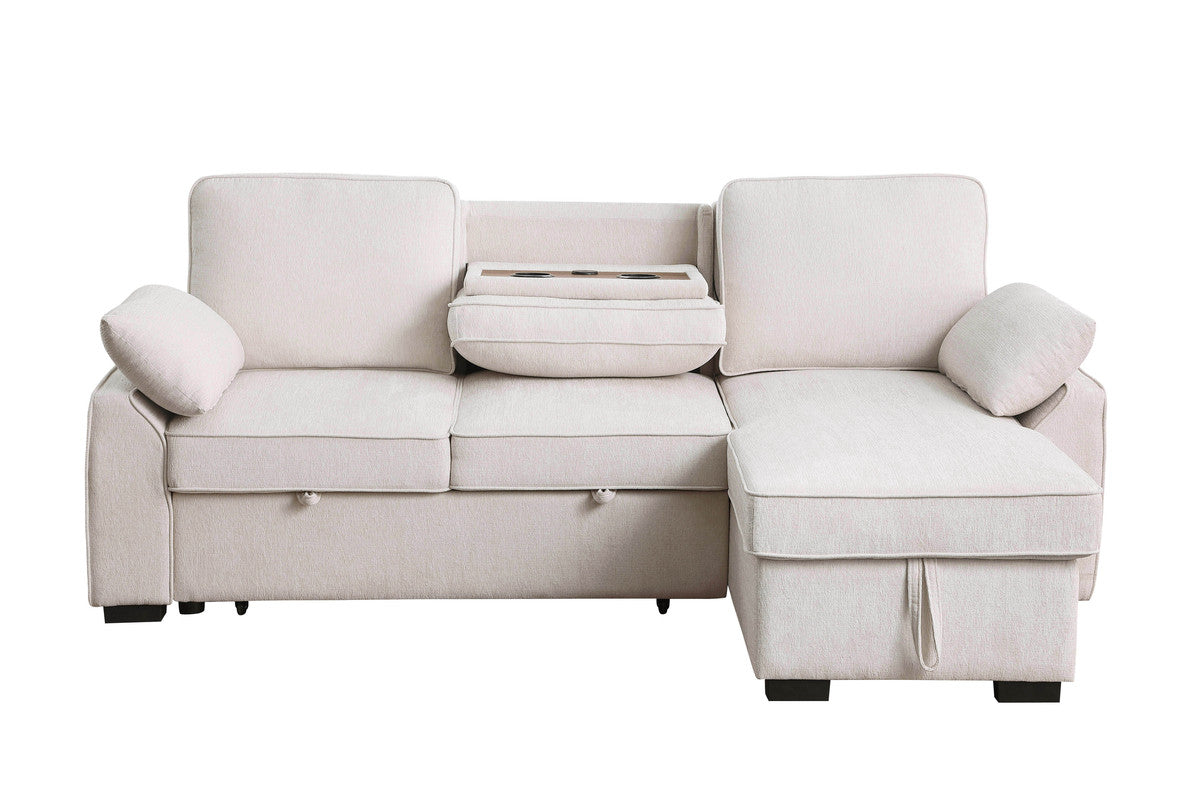 Marcello 91"W Beige Chenille Fabric Reversible Sleeper Sectional with Storage Chaise, Drop-Down Table, Cup Holders and Charging Ports