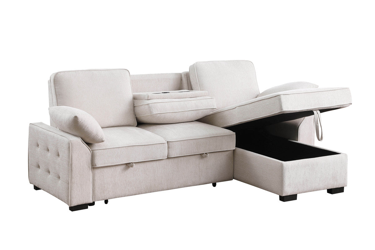 Marcello 91"W Beige Chenille Fabric Reversible Sleeper Sectional with Storage Chaise, Drop-Down Table, Cup Holders and Charging Ports