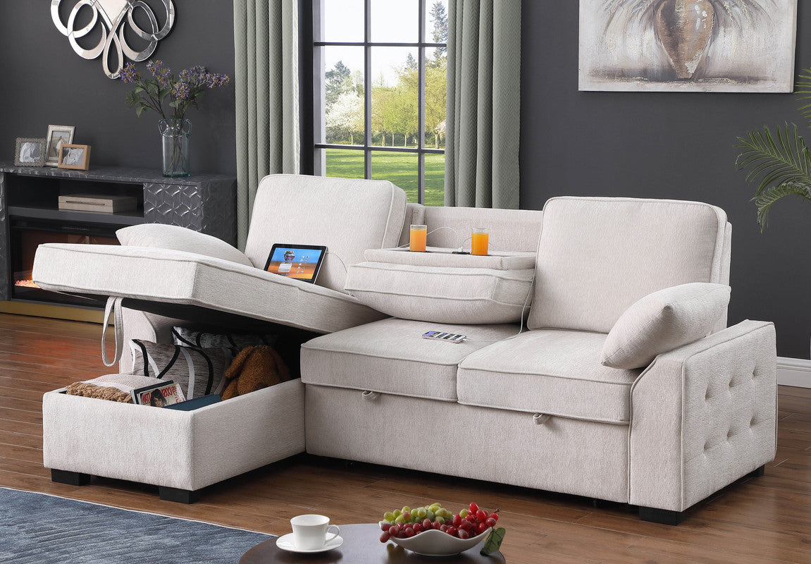 Marcello 91"W Beige Chenille Fabric Reversible Sleeper Sectional with Storage Chaise, Drop-Down Table, Cup Holders and Charging Ports
