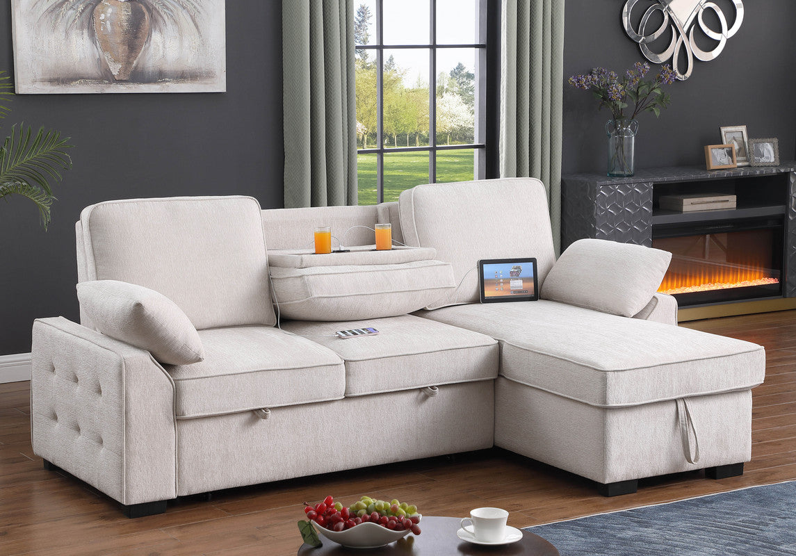 Marcello 91"W Beige Chenille Fabric Reversible Sleeper Sectional with Storage Chaise, Drop-Down Table, Cup Holders and Charging Ports