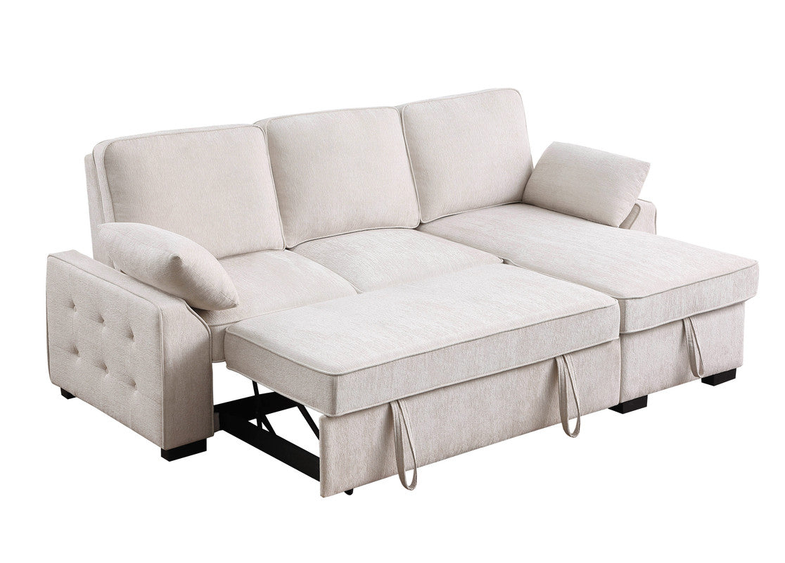 Marcello 91"W Beige Chenille Fabric Reversible Sleeper Sectional with Storage Chaise, Drop-Down Table, Cup Holders and Charging Ports
