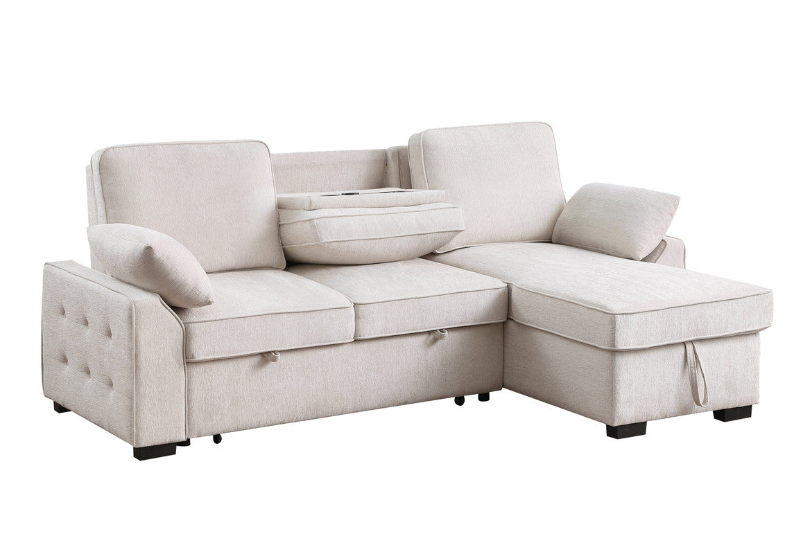 Marcello 91"W Beige Chenille Fabric Reversible Sleeper Sectional with Storage Chaise, Drop-Down Table, Cup Holders and Charging Ports