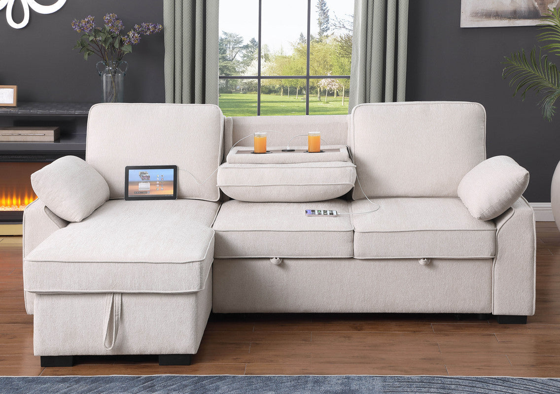 Marcello 91"W Beige Chenille Fabric Reversible Sleeper Sectional with Storage Chaise, Drop-Down Table, Cup Holders and Charging Ports