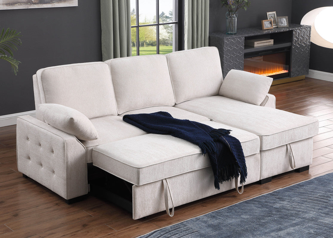 Marcello 91"W Beige Chenille Fabric Reversible Sleeper Sectional with Storage Chaise, Drop-Down Table, Cup Holders and Charging Ports