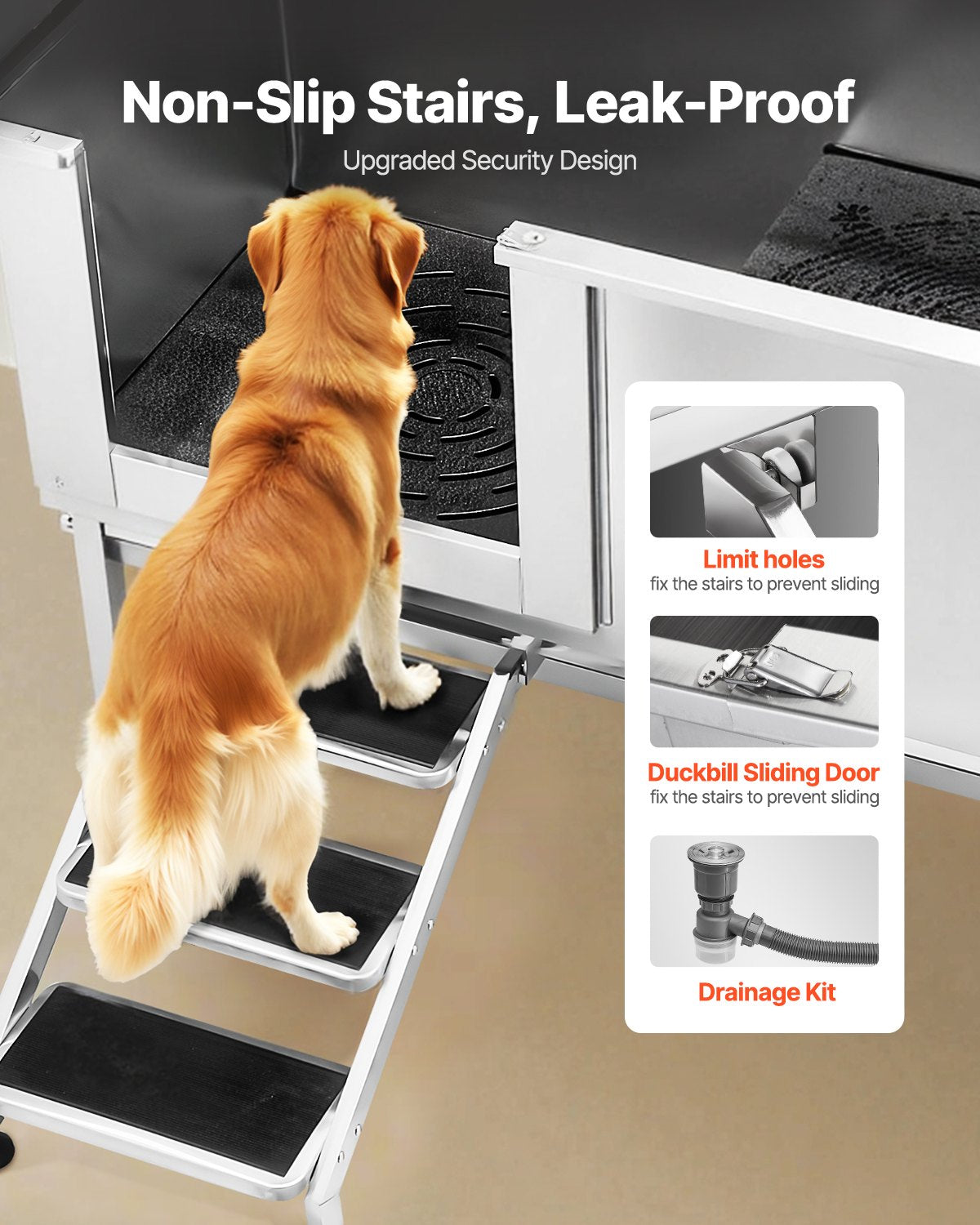 62 Inch Dog Grooming Bath Tub Stainless Steel w Stairs Water Filter Left