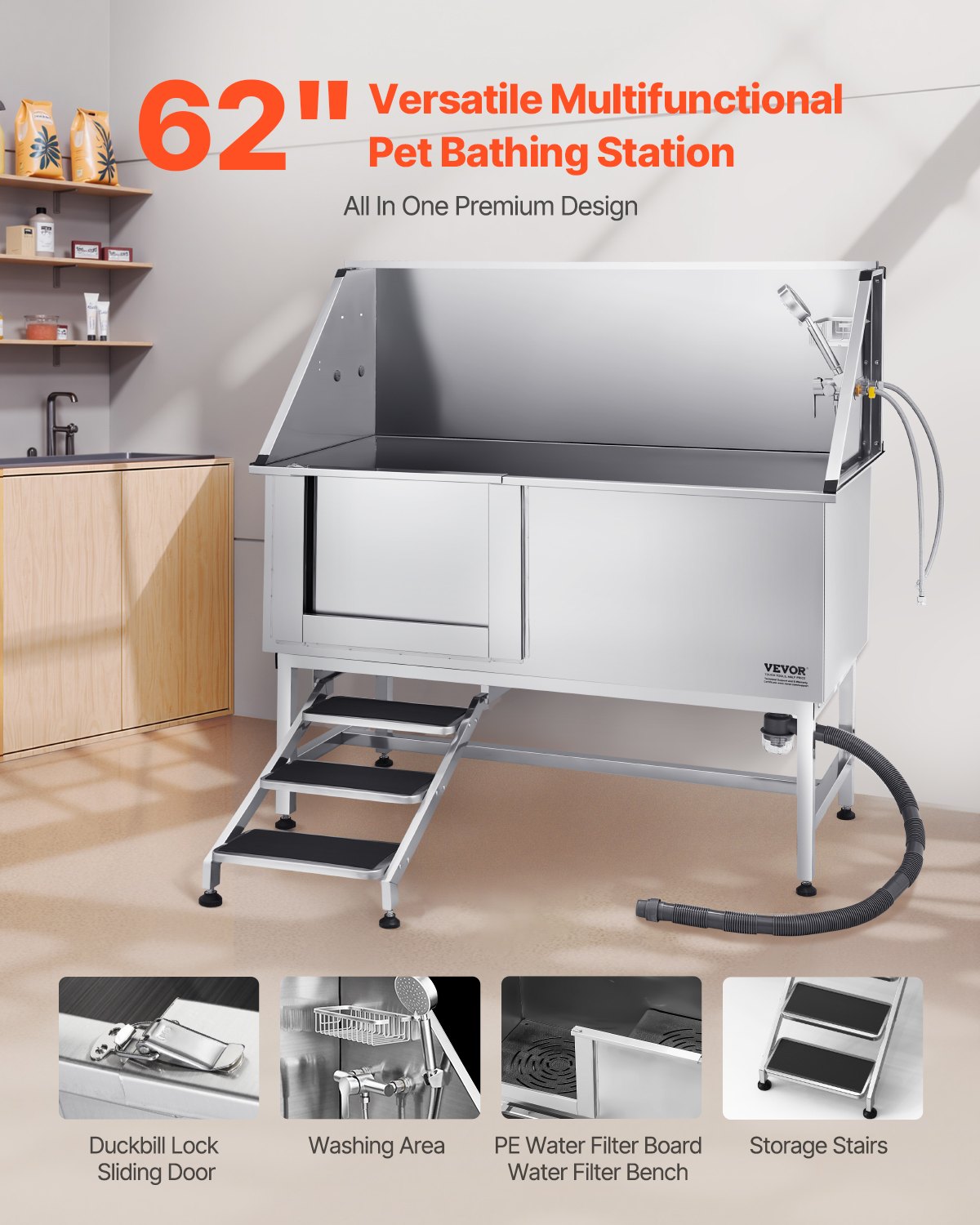 62 Inch Dog Grooming Bath Tub Stainless Steel w Stairs Water Filter Left