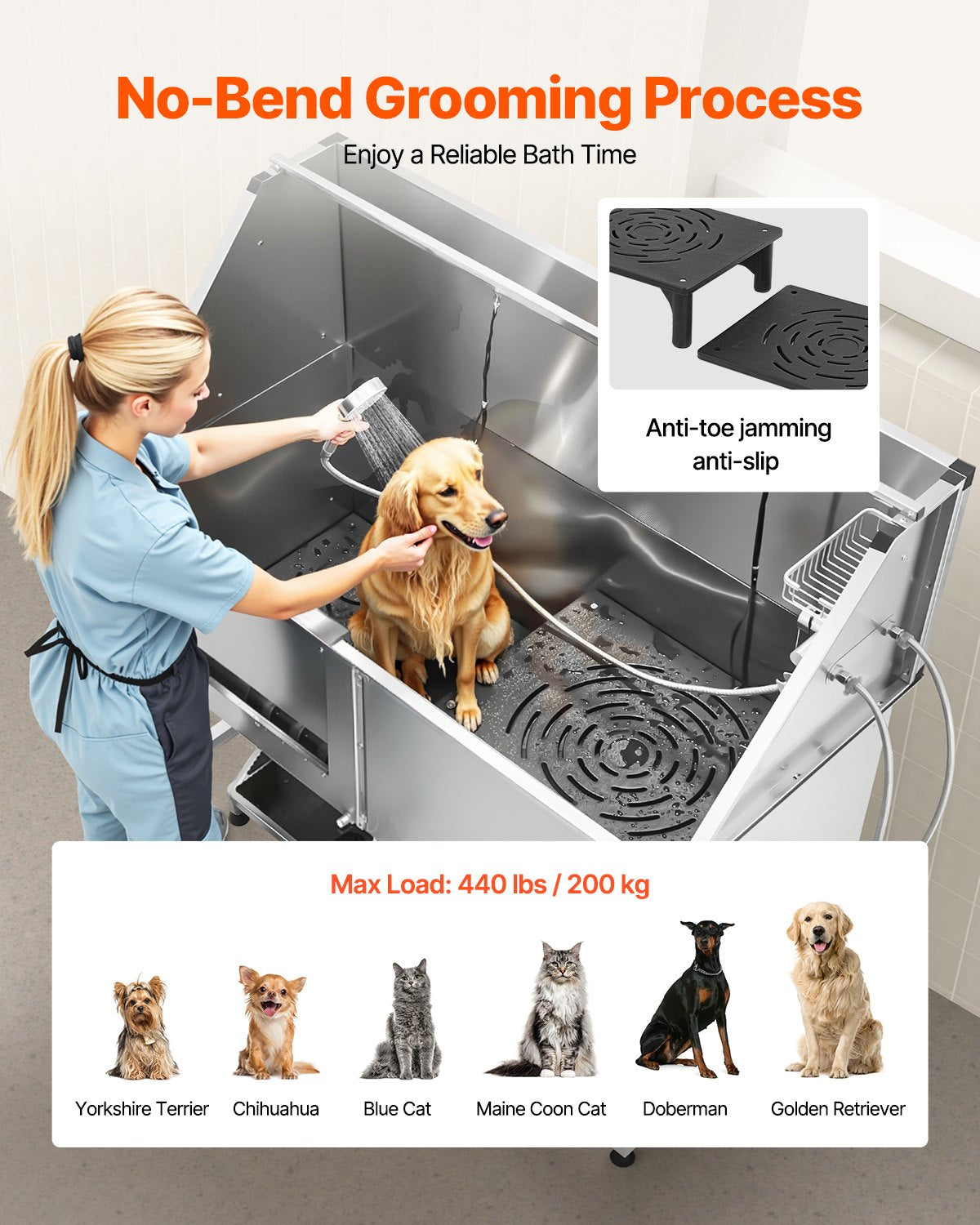 62 Inch Dog Grooming Bath Tub Stainless Steel w Stairs Water Filter Left