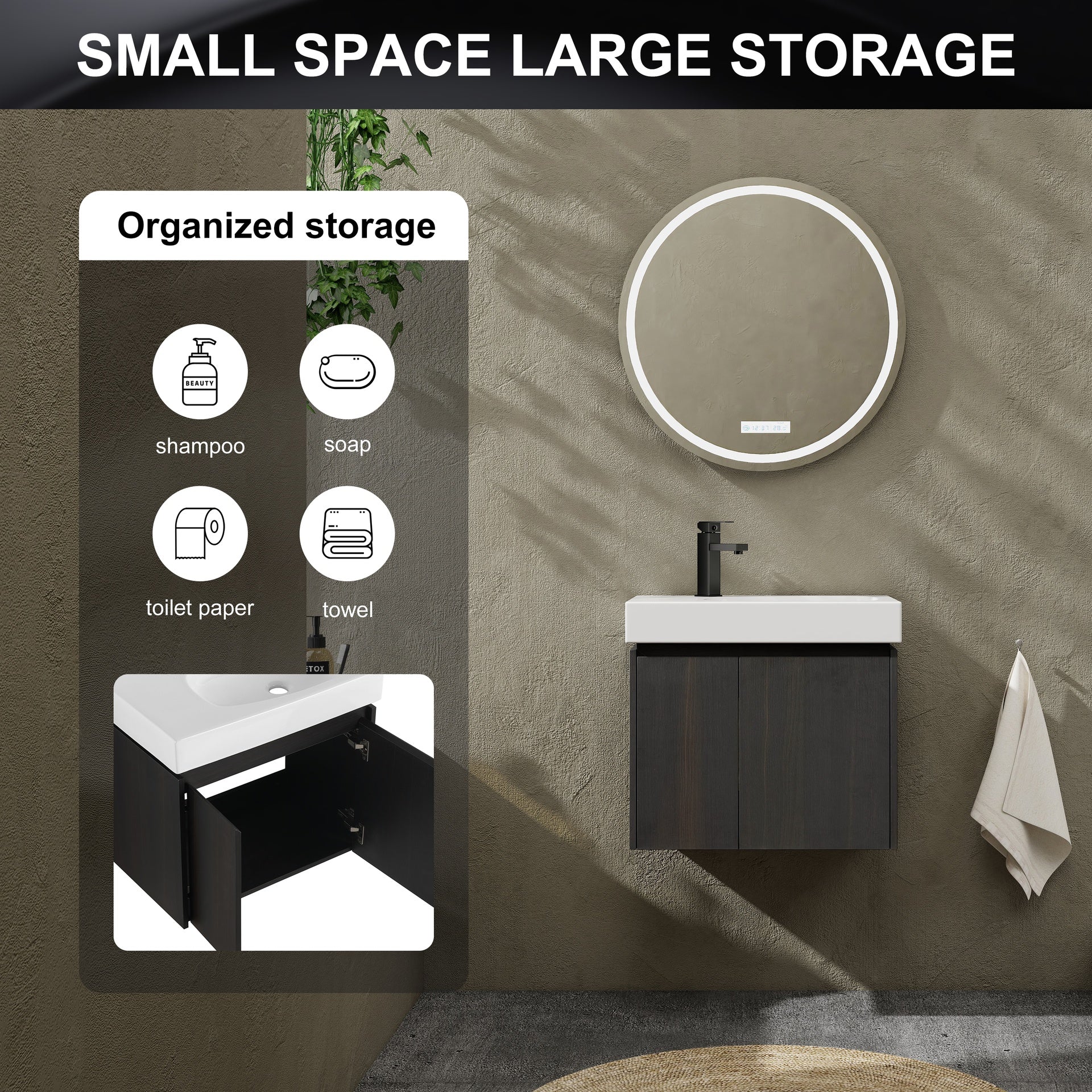 24 Inch Bathroom Vanity with Ceramic Basin, Wall Mounted Floating Vanity Sink Combo, Wooden Storage Cabinet with Double Doors for Bathroom,Black