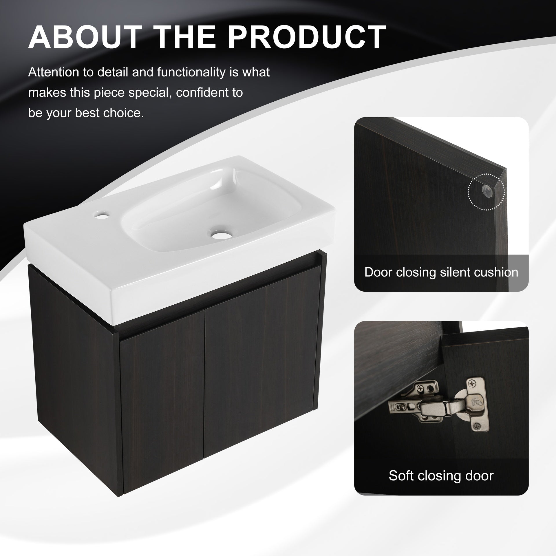 24 Inch Bathroom Vanity with Ceramic Basin, Wall Mounted Floating Vanity Sink Combo, Wooden Storage Cabinet with Double Doors for Bathroom,Black