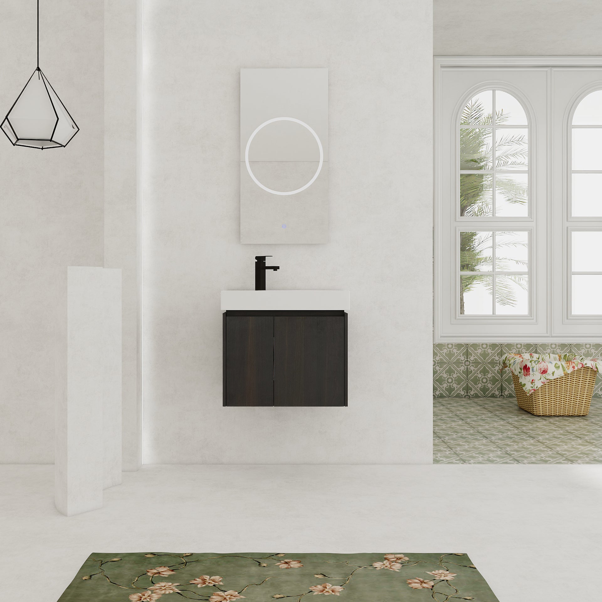 24 Inch Bathroom Vanity with Ceramic Basin, Wall Mounted Floating Vanity Sink Combo, Wooden Storage Cabinet with Double Doors for Bathroom,Black